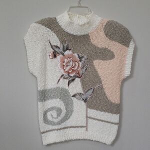 Vintage Shenanigans Sweater Pearl Floral Rose Bead Texture Open Knit Padded 80s